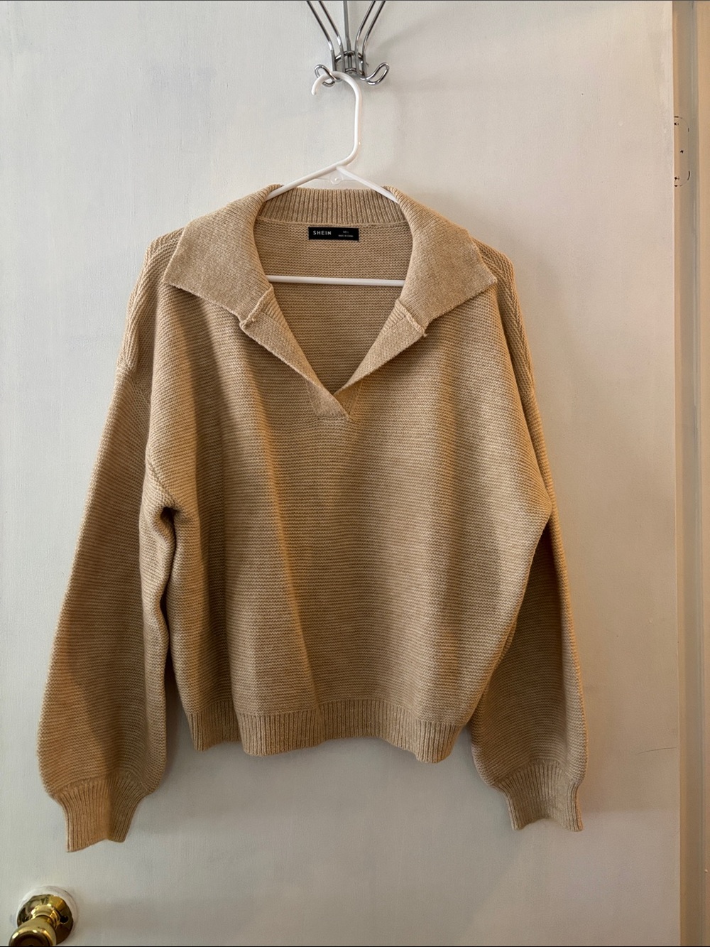SHEIN Beige Open-Collar V-Neck Knit Sweater